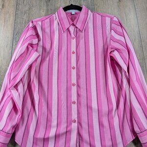 Foxcroft Top Womens 6 Petite Pink Striped Wrinkle Free Button Up Long Sleeve